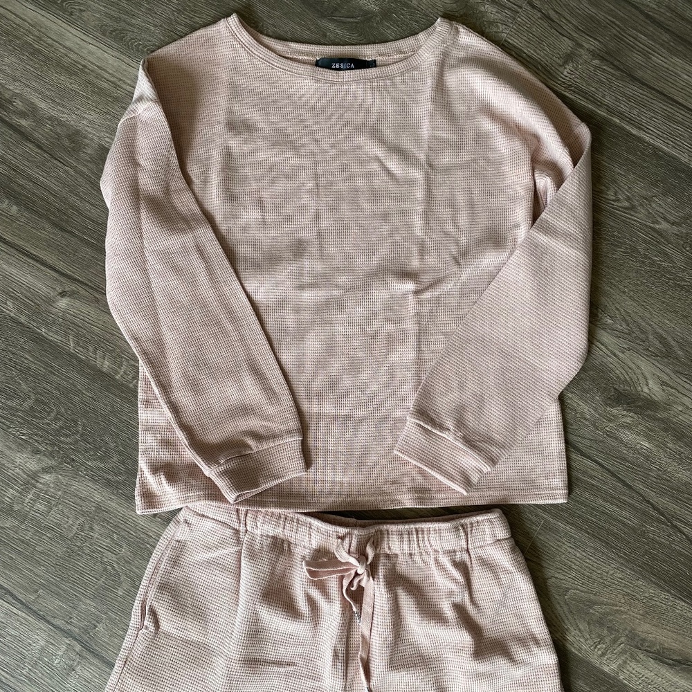 Blush Pink Waffleknit Pajama Set, Size Large, Women’s